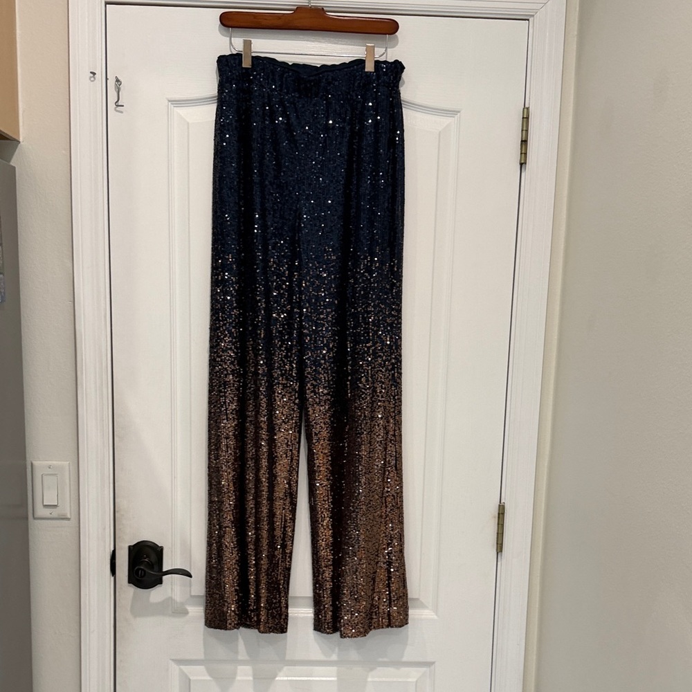 Trina Turk Navy Bronze Sequin Sparkle Party Pants Medium